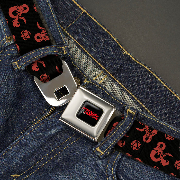 DUNGEONS & DRAGONS Title Logo Full Color Black/Red Seatbelt Belt - Dungeons & Dragons Ampersand Icon and Dice Collage Black/Red Webbing Seatbelt Belts Wizards of the Coast