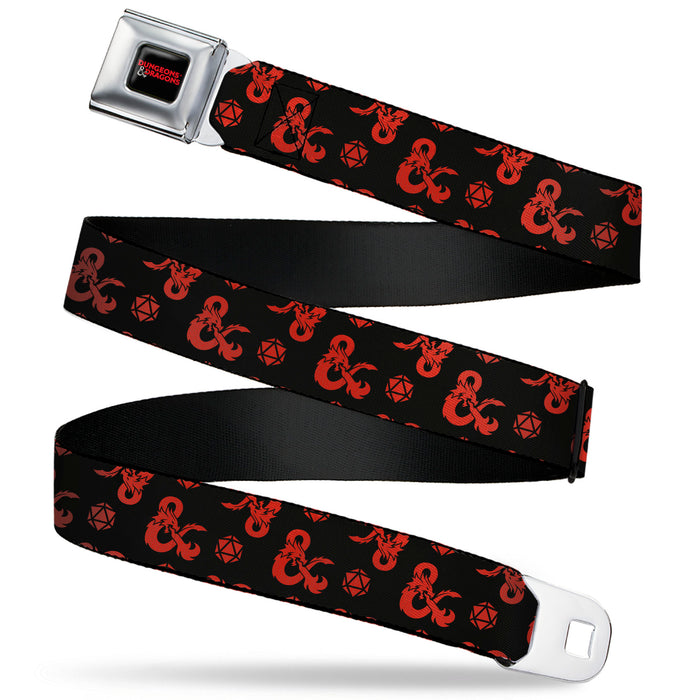 DUNGEONS & DRAGONS Title Logo Full Color Black/Red Seatbelt Belt - Dungeons & Dragons Ampersand Icon and Dice Collage Black/Red Webbing Seatbelt Belts Wizards of the Coast