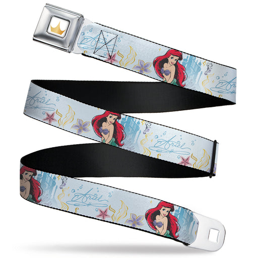 Disney Princess Crown Full Color Golds Seatbelt Belt - The Little Mermaid Ariel Castle Pose with Sea Life and Script Blues Webbing Seatbelt Belts Disney