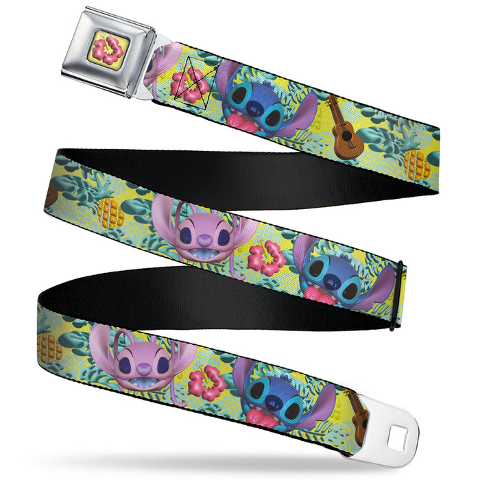 Lilo & Stitch Hibiscus Flower Full Color Yellow/Pink Seatbelt Belt - Angel and Stitch Face and Tropical Icons Yellow/Greens Webbing Seatbelt Belts Disney   