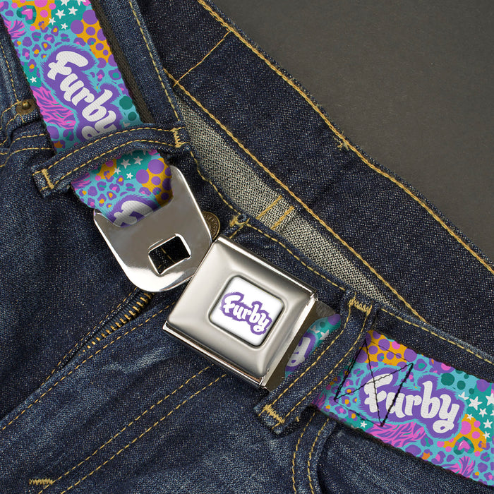 FURBY Title Logo Full Color White/Purple Seatbelt Belt - FURBY Title Logo and Fur Prints Collage Multi Color/White Webbing Seatbelt Belts Hasbro   