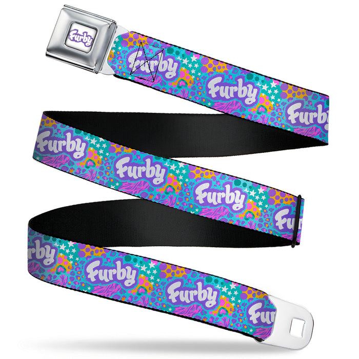 FURBY Title Logo Full Color White/Purple Seatbelt Belt - FURBY Title Logo and Fur Prints Collage Multi Color/White Webbing Seatbelt Belts Hasbro   