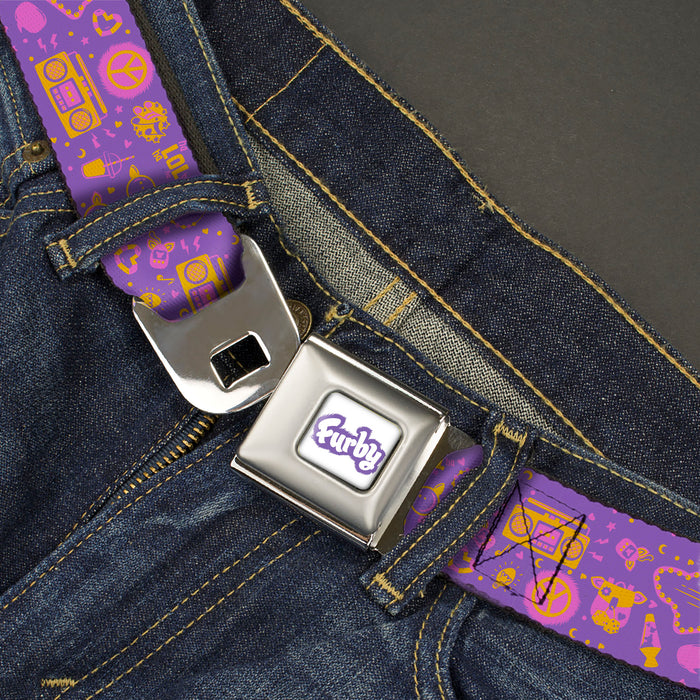 FURBY Title Logo Full Color White/Purple Seatbelt Belt - Furby Icons Collage Purples/Orange/Pinks Webbing Seatbelt Belts Hasbro   