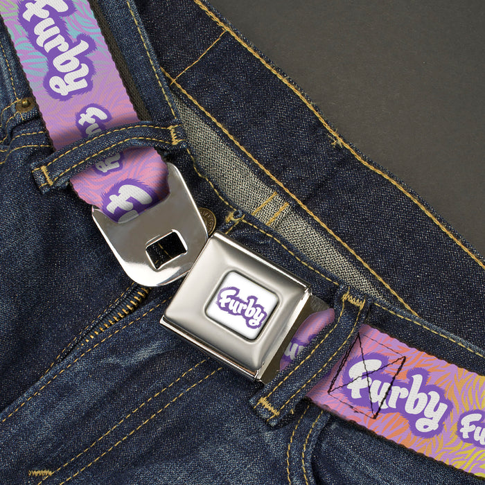 FURBY Title Logo Full Color White/Purple Seatbelt Belt - FURBY Title Logo Fur Print White/Lavender/Purple Webbing Seatbelt Belts Hasbro