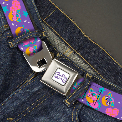 FURBY Title Logo Full Color White/Purple Seatbelt Belt - Fuby Furbmojis and Icons Collage Purple/Blues/Pinks Webbing Seatbelt Belts Hasbro