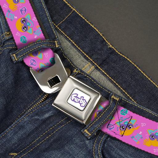 FURBY Title Logo Full Color White/Purple Seatbelt Belt - Fuby Furbmojis LOL Icons Collage Pinks/Blues Webbing Seatbelt Belts Hasbro   