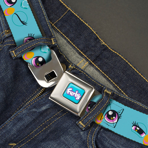 FURBY Title Logo Full Color Teal/Lavender/White Seatbelt Belt - Furby Eye Expressions Close-Up Teal Webbing Seatbelt Belts Hasbro   