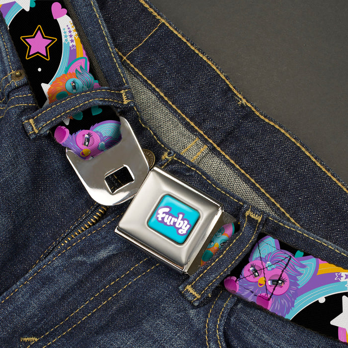 FURBY Title Logo Full Color Teal/Lavender/White Seatbelt Belt - Furby Orange and Purple Jumping Rainbow Slide Black/Multi Color Webbing Seatbelt Belts Hasbro   