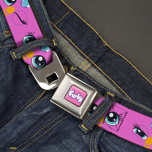 FURBY Title Logo Full Color Pink/Purple/White Seatbelt Belt - Furby Purple Eye Expressions Close-Up Pink Webbing Seatbelt Belts Hasbro   