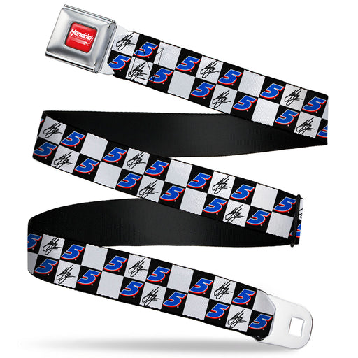 HENDRICK MOTORSPORTS Checker Logo Full Color Red/White Seatbelt Belt - Kyle Larson Autograph and Number 5 Checker Black/White/Blue/Red Webbing Seatbelt Belts Hendrick Motorsports