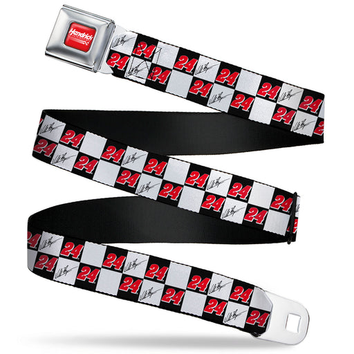 HENDRICK MOTORSPORTS Checker Logo Full Color Red/White Seatbelt Belt - William Byron Autograph and Number 24 Checker Black/White/Red Webbing Seatbelt Belts Hendrick Motorsports