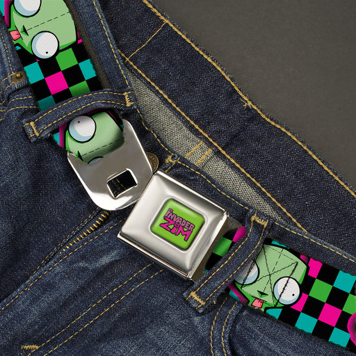 IVADER ZIM Title Logo Full Color Green/Pinks Seatbelt Belt - Invader Zim GIR Face Checker Black/Multi Neon Webbing Seatbelt Belts Nickelodeon