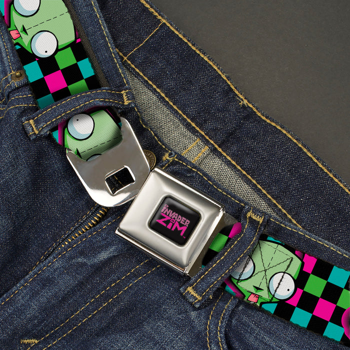 IVADER ZIM Title Logo Full Color Green/Pinks Seatbelt Belt - Invader Zim GIR Face Checker Black/Multi Neon Webbing Seatbelt Belts Nickelodeon   