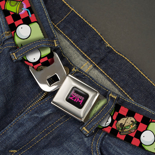 INVADER ZIM Title Logo Full Color Pink/Green Seatbelt Belt - Invader Zim GIR Face and Food Icons Checker Black/Hot Pink Webbing Seatbelt Belts Nickelodeon   