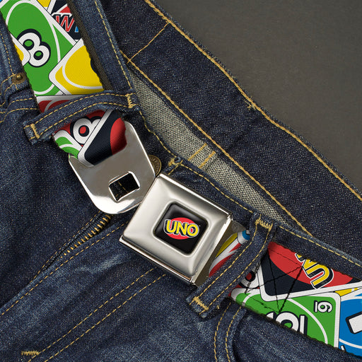 UNO Game Logo Full Color Black/Red/Yellow Seatbelt Belt - UNO Cards Stacked Collage Multi Color Webbing Seatbelt Belts Mattel   