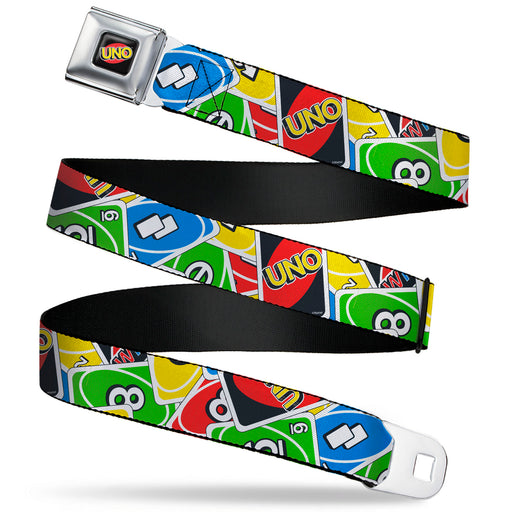 UNO Game Logo Full Color Black/Red/Yellow Seatbelt Belt - UNO Cards Stacked Collage Multi Color Webbing Seatbelt Belts Mattel   