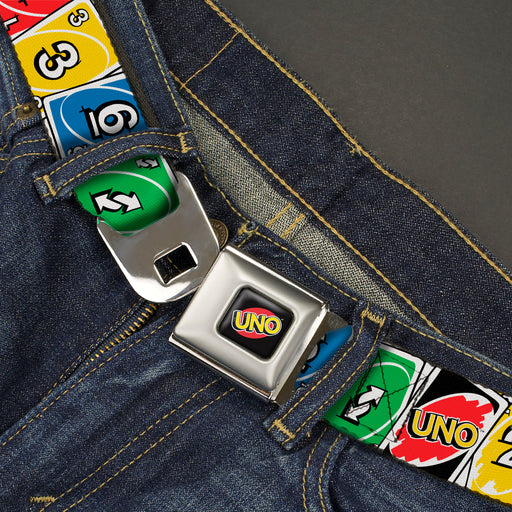 UNO Game Logo Full Color Black/Red/Yellow Seatbelt Belt - UNO Cards Lineup Stack Multi Color Webbing Seatbelt Belts Mattel   