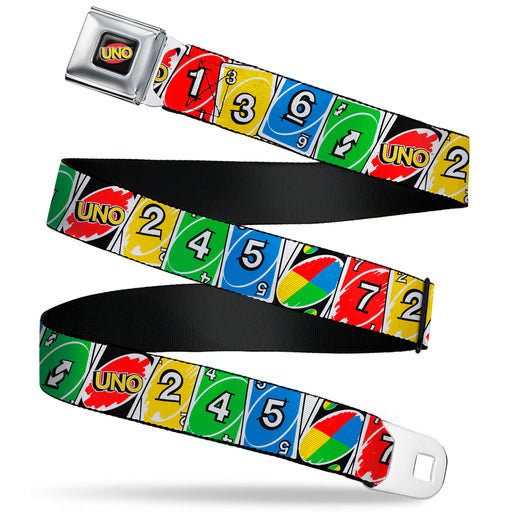 UNO Game Logo Full Color Black/Red/Yellow Seatbelt Belt - UNO Cards Lineup Stack Multi Color Webbing Seatbelt Belts Mattel   