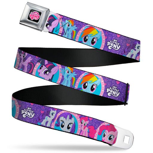 MY LITTLE PONY Title Logo Full Color Black/Purple/White Seatbelt Belt - My Little Pony Mane Six Close-Up Faces and Poses Purples/Pinks Webbing Seatbelt Belts Hasbro   