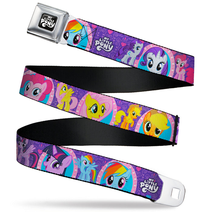 MY LITTLE PONY Title Logo Full Color Black/Purple/White Seatbelt Belt - My Little Pony Mane Six Close-Up Faces and Poses Purples/Pinks Webbing Seatbelt Belts Hasbro