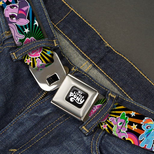 MY LITTLE PONY Title Logo Full Color Black/Purple/White Seatbelt Belt - My Little Pony Three Ponies and Spike Poses and Rays Black/Multi Color Webbing Seatbelt Belts Hasbro   