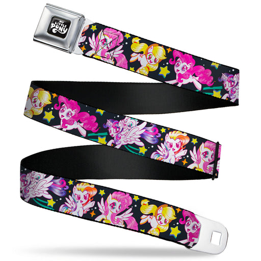 MY LITTLE PONY Title Logo Full Color Black/Purple/White Seatbelt Belt - My Little Pony Five Retro Pony Action Pose Black/Multi Color Webbing Seatbelt Belts Hasbro   