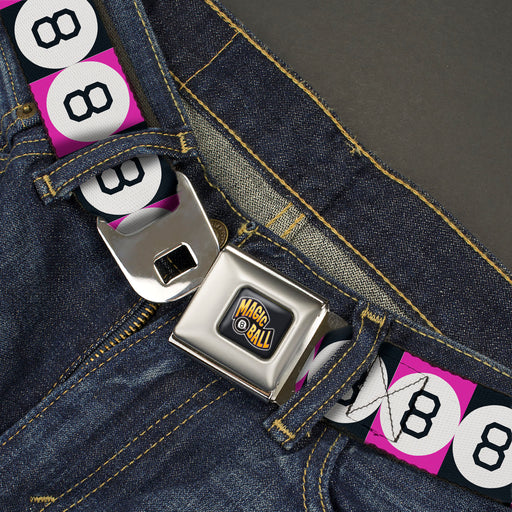 MAGIC 8 BALL Logo Full Color Black/Orange/White Seatbelt Belt - Magic 8 Ball Blocks Black/Pink/White Webbing Seatbelt Belts Mattel   