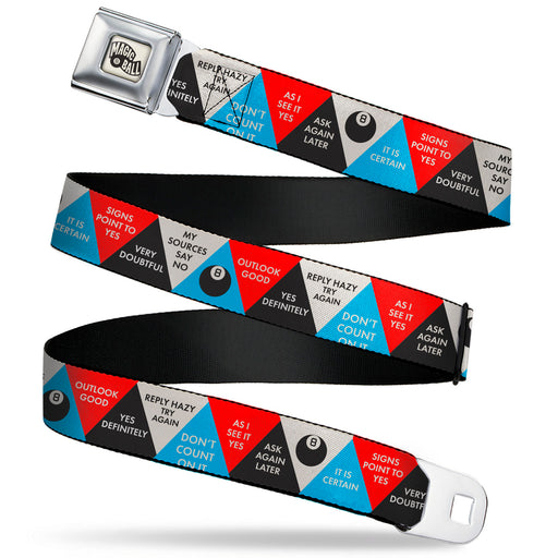 MAGIC 8 BALL Logo Full Color White/Black Seatbelt Belt - Magic 8 Ball Answer Triangles Black/Red/Blue/White Webbing Seatbelt Belts Mattel   