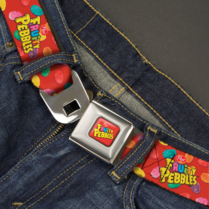 POST FRUITY PEBBLES Logo Full Color Red/Multi Color Seatbelt Belt - POST FRUITY PEBBLES Logo and Cereal Pebbles Scattered Red/Multi Color Webbing Seatbelt Belts The Flintstones   