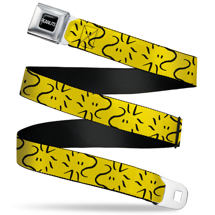 PEANUTS Title Logo Full Color Black/White Seatbelt Belt - Peanuts Woodstock Line Face Line Art Yellow/Black Webbing Seatbelt Belts Peanuts Worldwide LLC   