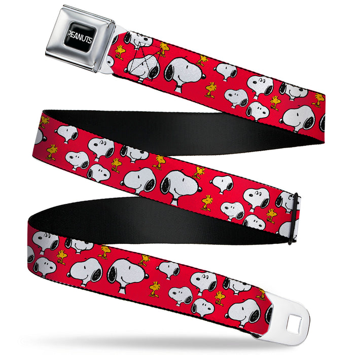 PEANUTS Title Logo Full Color Black/White Seatbelt Belt - Peanuts Snoopy and Woodstock Poses Scattered Red Webbing Seatbelt Belts Peanuts Worldwide LLC   