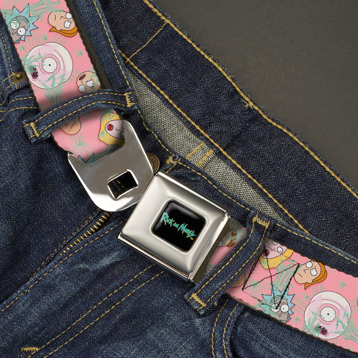 RICK AND MORTY Text Logo Full Color Black/Blue Seatbelt Belt - Rick & Morty Smith Family and Sticky Faces Scattered Pink Webbing Seatbelt Belts Rick and Morty   