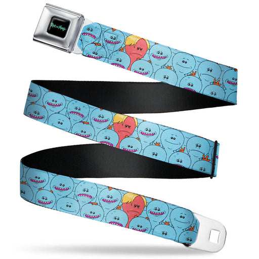RICK AND MORTY Text Logo Full Color Black/Blue Seatbelt Belt - Rick and Morty Kirkland Meeseeks and Meeseeks Expressions Blue/Red Webbing Seatbelt Belts Rick and Morty   