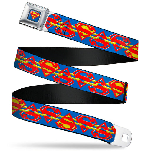 Superman Full Color Blue Seatbelt Belt - Superman Chained Shield Logo Flip Blue/Red/Yellow Webbing Seatbelt Belts DC Comics