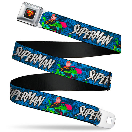 Superman Shield Logo Full Color Black Seatbelt Belt - SUPERMAN Breaking Chains Force for Good Pose and Text Blues Webbing Seatbelt Belts DC Comics