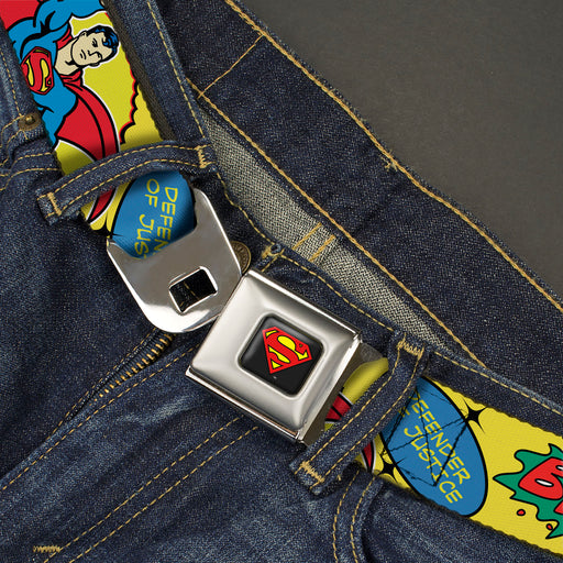 Superman Shield Logo Full Color Black Seatbelt Belt - SUPERMAN Pose Quotes and Icons Collage Yellow/Multi Color Webbing Seatbelt Belts DC Comics