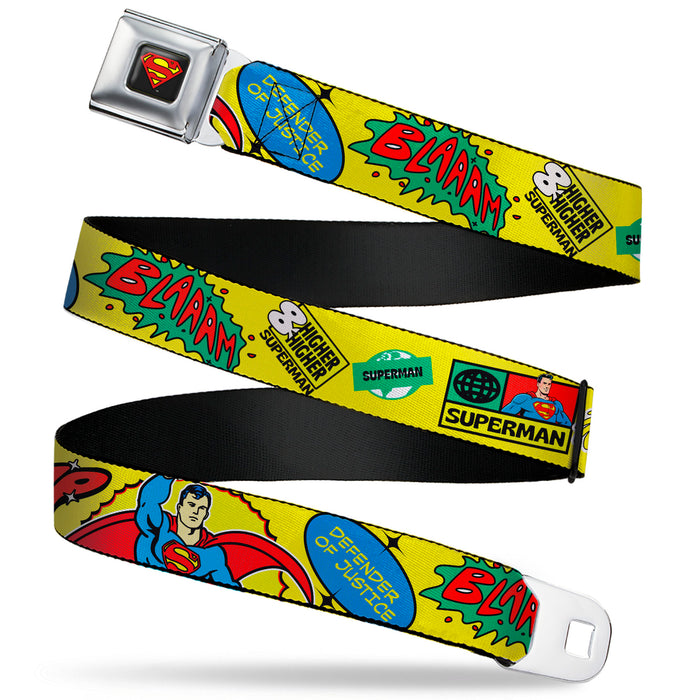 Superman Shield Logo Full Color Black Seatbelt Belt - SUPERMAN Pose Quotes and Icons Collage Yellow/Multi Color Webbing Seatbelt Belts DC Comics