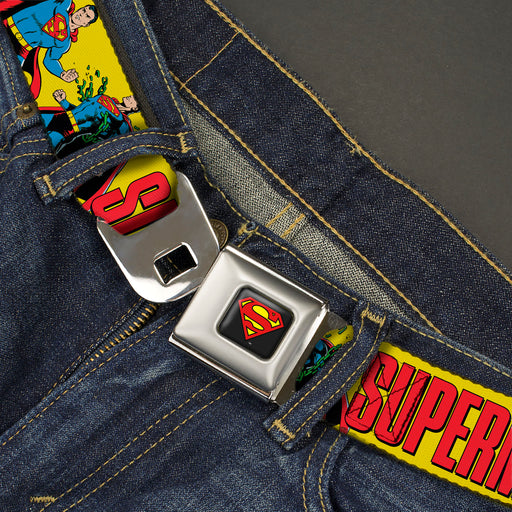 Superman Shield Logo Full Color Black Seatbelt Belt - SUPERMAN Action Poses and Text Yellow/Red Webbing Seatbelt Belts DC Comics