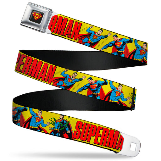 Superman Shield Logo Full Color Black Seatbelt Belt - SUPERMAN Action Poses and Text Yellow/Red Webbing Seatbelt Belts DC Comics