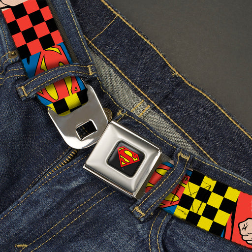 Superman Shield Logo Full Color Black Seatbelt Belt - Superman Character Close-Up and Checker Blocks Multi Color Webbing Seatbelt Belts DC Comics