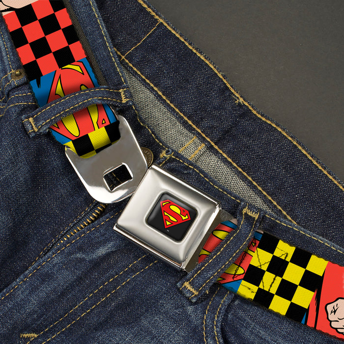 Superman Shield Logo Full Color Black Seatbelt Belt - Superman Character Close-Up and Checker Blocks Multi Color Webbing Seatbelt Belts DC Comics