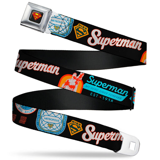 Superman Shield Logo Full Color Black Seatbelt Belt - SUPERMAN Icons and Text Collage Black/Multi Color Webbing Seatbelt Belts DC Comics