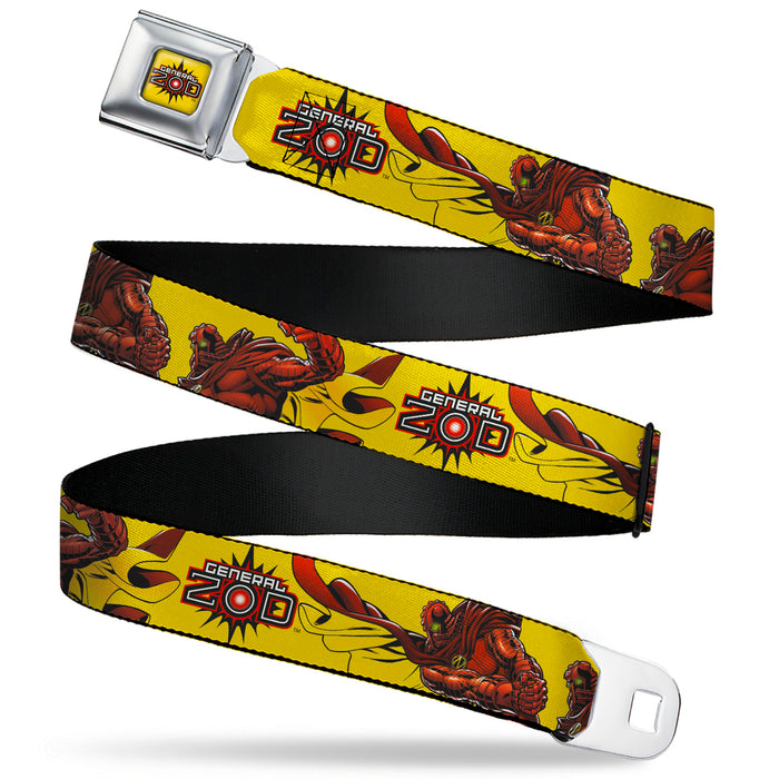 GENERAL ZOD Title Logo Full Color Yellow Seatbelt Belt - DC Superman Villain GENERAL ZOD Poses and Text Yellow/Red Webbing Seatbelt Belts DC Comics