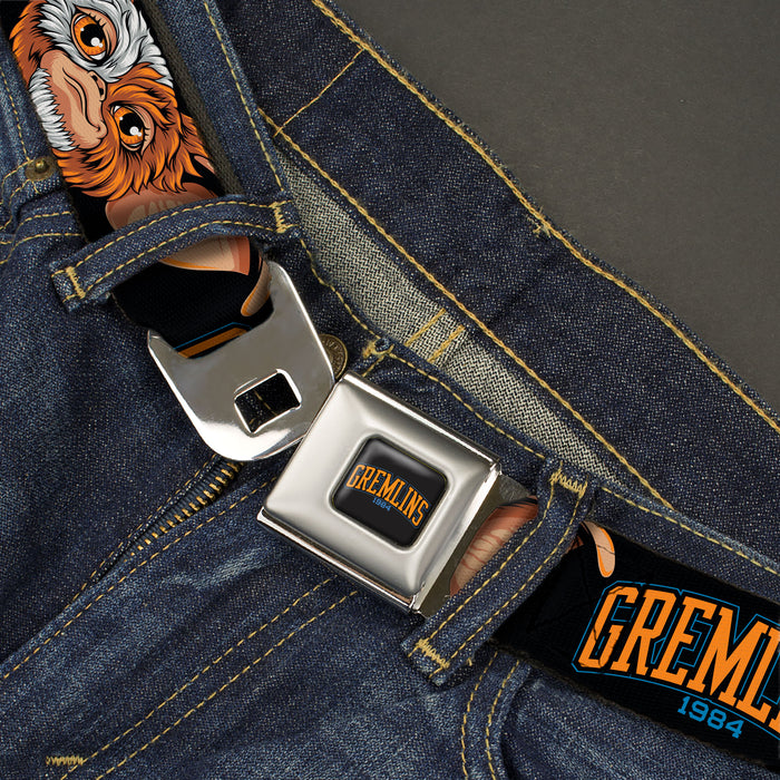 GREMLINS 1984 Title Logo Full Color Black/Blue/Orange Seatbelt Belt - GREMLINS 1984 Gizmo Face Close-Up Black Webbing Seatbelt Belts Warner Bros. Horror Movies   