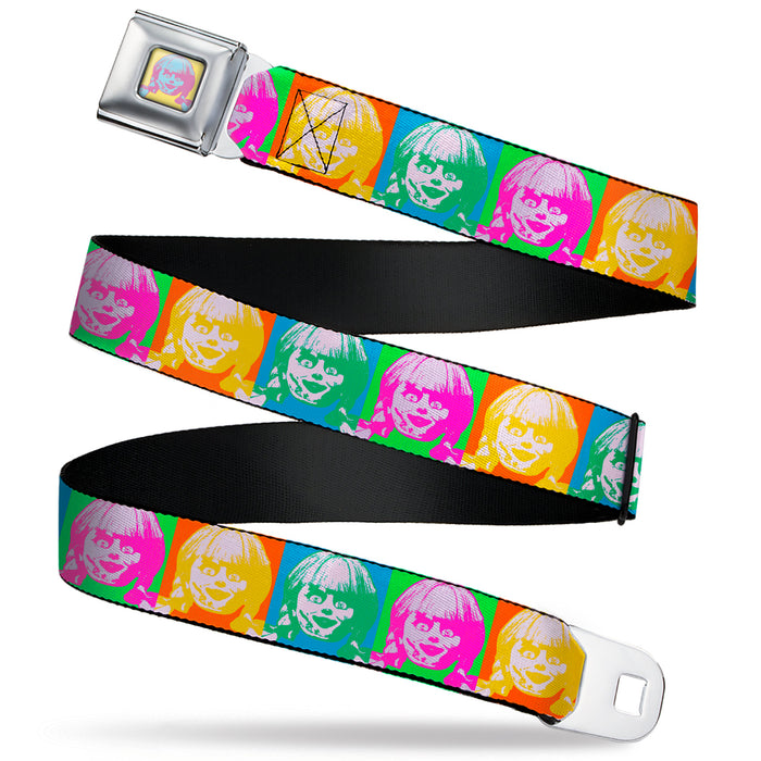 Annabelle Pop Art Face Full Color Yellow/Pink/Blue Seatbelt Belt - Annabelle Doll Face Pop Art Color Block Multi Color Webbing Seatbelt Belts Warner Bros. Horror Movies   