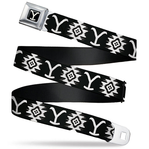 Yellowstone Y Logo Full Color Black/White Seatbelt Belt - Yellowstone Dutton Ranch and Native American Icons Black/White Webbing Seatbelt Belts Yellowstone Show   