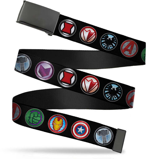 Web Belt Blank Black Buckle - 9-Avenger Icons Black/Multi Color Webbing Web Belts Marvel Comics   