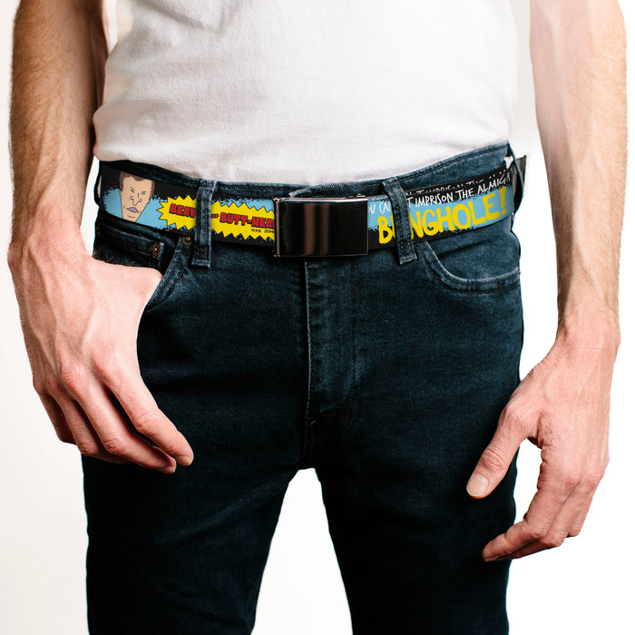 Web Belt Blank Black Buckle - BEAVIS AND BUTT-HEAD THE ALMIGHTY BUNGHOLE Pose and Title Logo Black/Blue Webbing Web Belts MTV