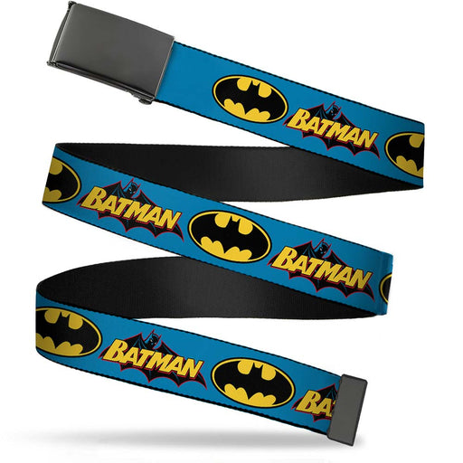 Web Belt Blank Black Buckle - Vintage Batman Logo & Bat Signal Blue Webbing Web Belts DC Comics   
