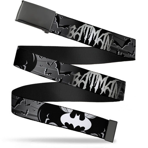 Black Buckle Web Belt - BATMAN w/Bat Signals & Flying Bats Black/White Webbing Web Belts DC Comics   